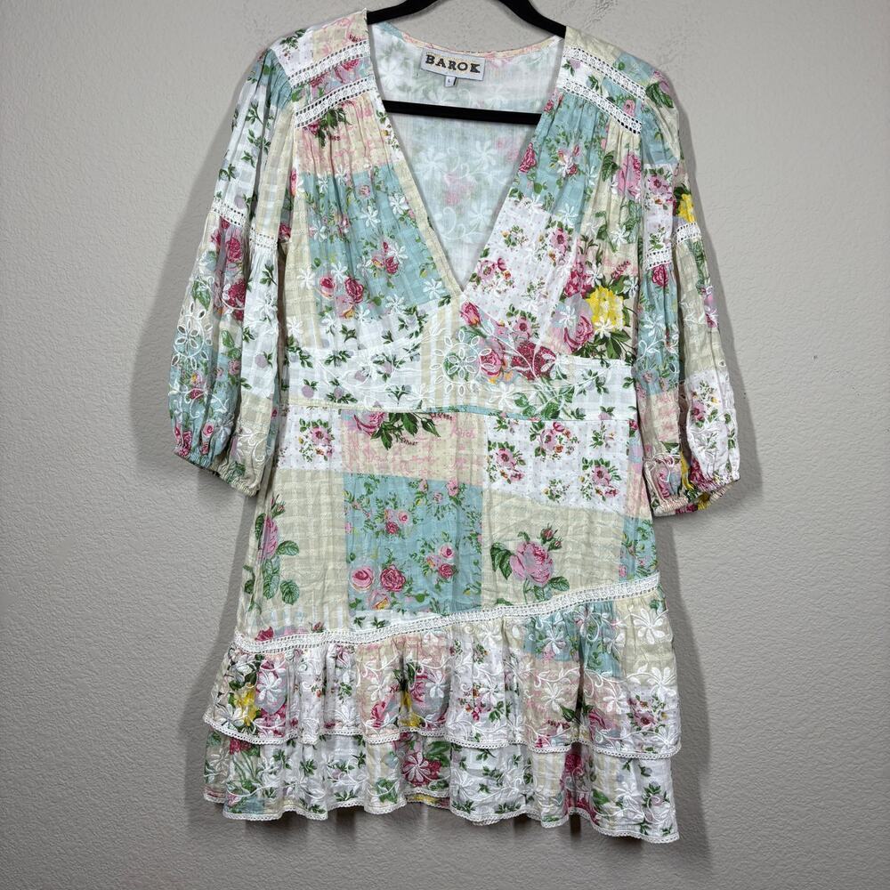 Barok Large Mini Dress Green White Cotton Ruffled Embroidered Balloon Sleeves - Picture 2 of 10